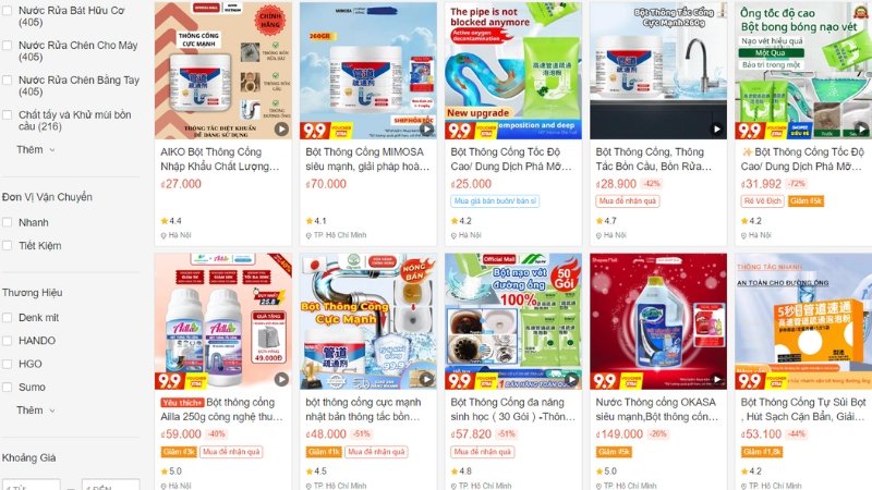 Mua bột thông cống trên sàn thương mại điện tử